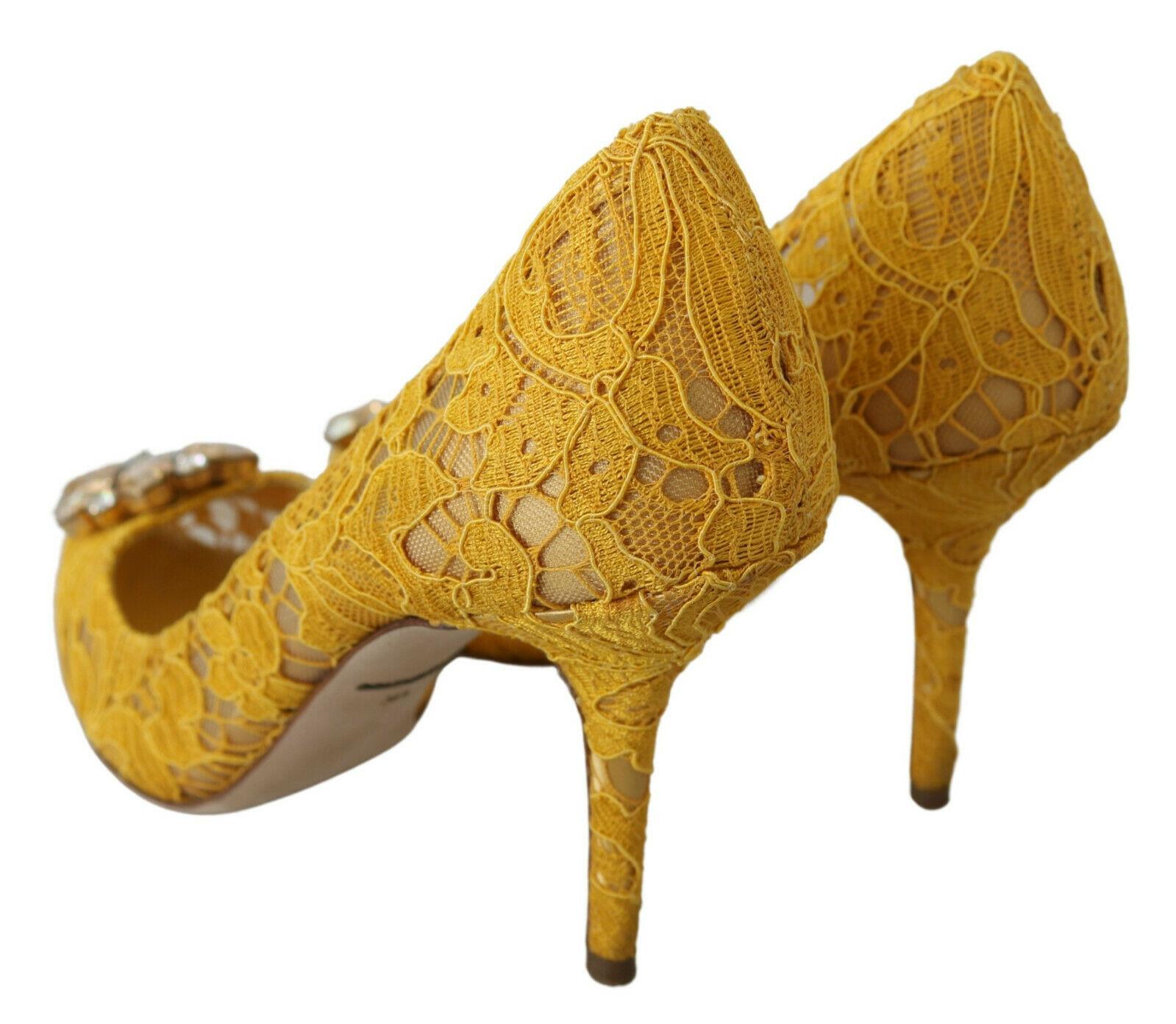Dolce & Gabbana Yellow Lace Pointy Pumps Heels Shoes Floral Jewel Leather 1