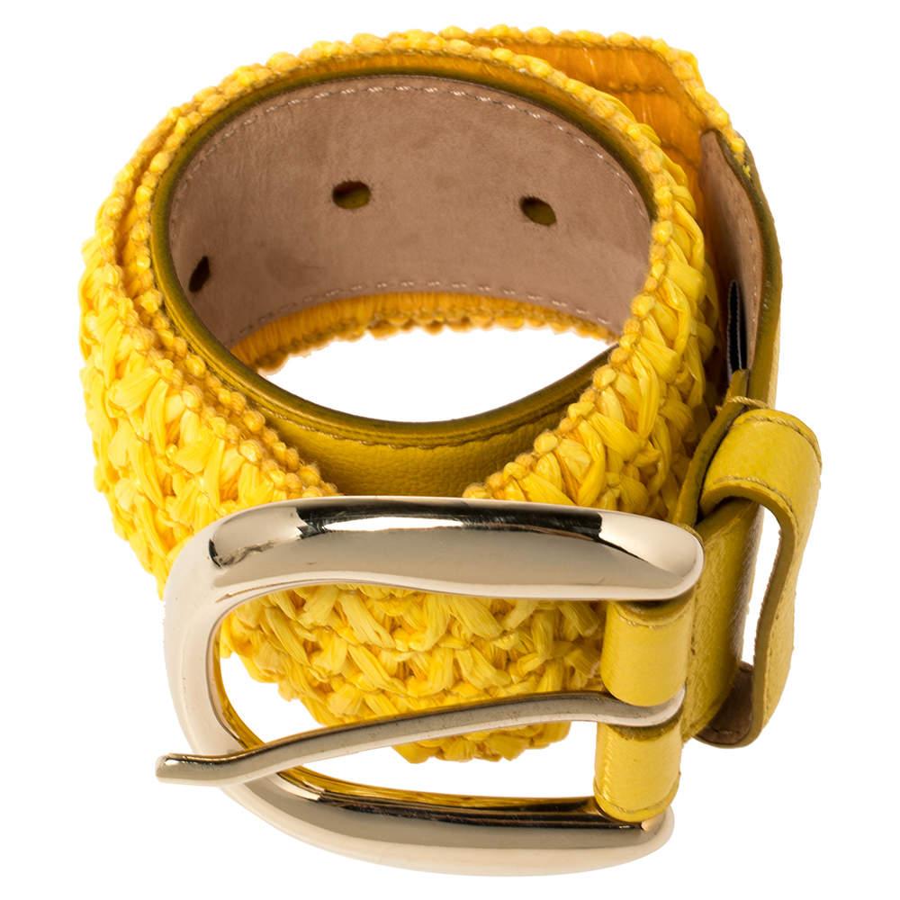 Dolce & Gabbana Yellow Leather and Straw Elastic Waist Belt 70 CM In Good Condition In Dubai, Al Qouz 2
