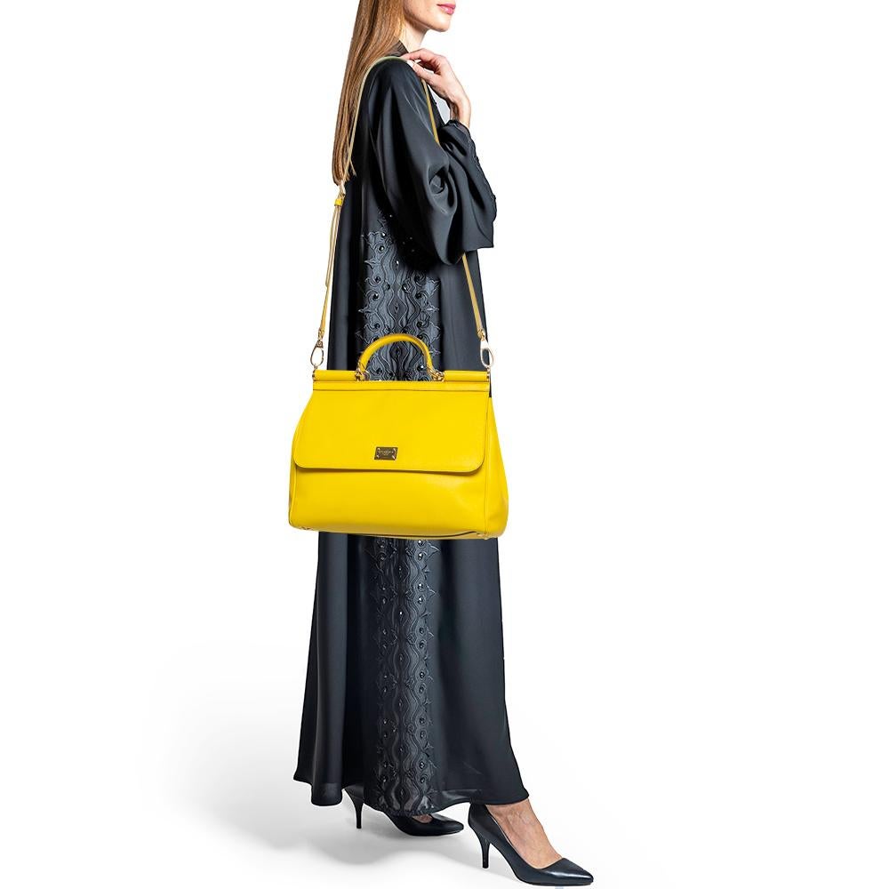 Dolce & Gabbana Yellow Leather Large Miss Sicily Top Handle Bag For Sale 7