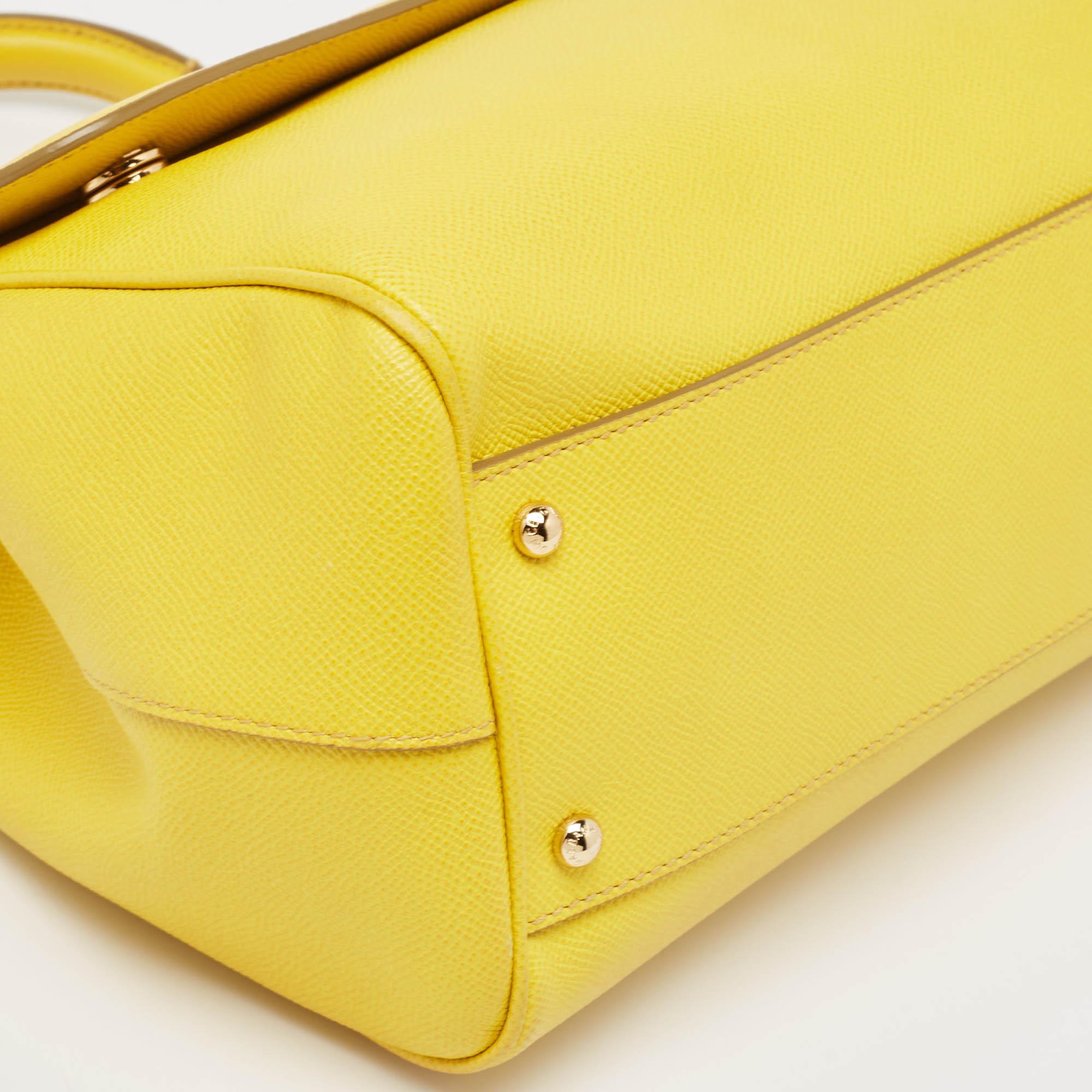 Dolce & Gabbana Yellow Leather Large Miss Sicily Top Handle Bag In Good Condition In Dubai, Al Qouz 2