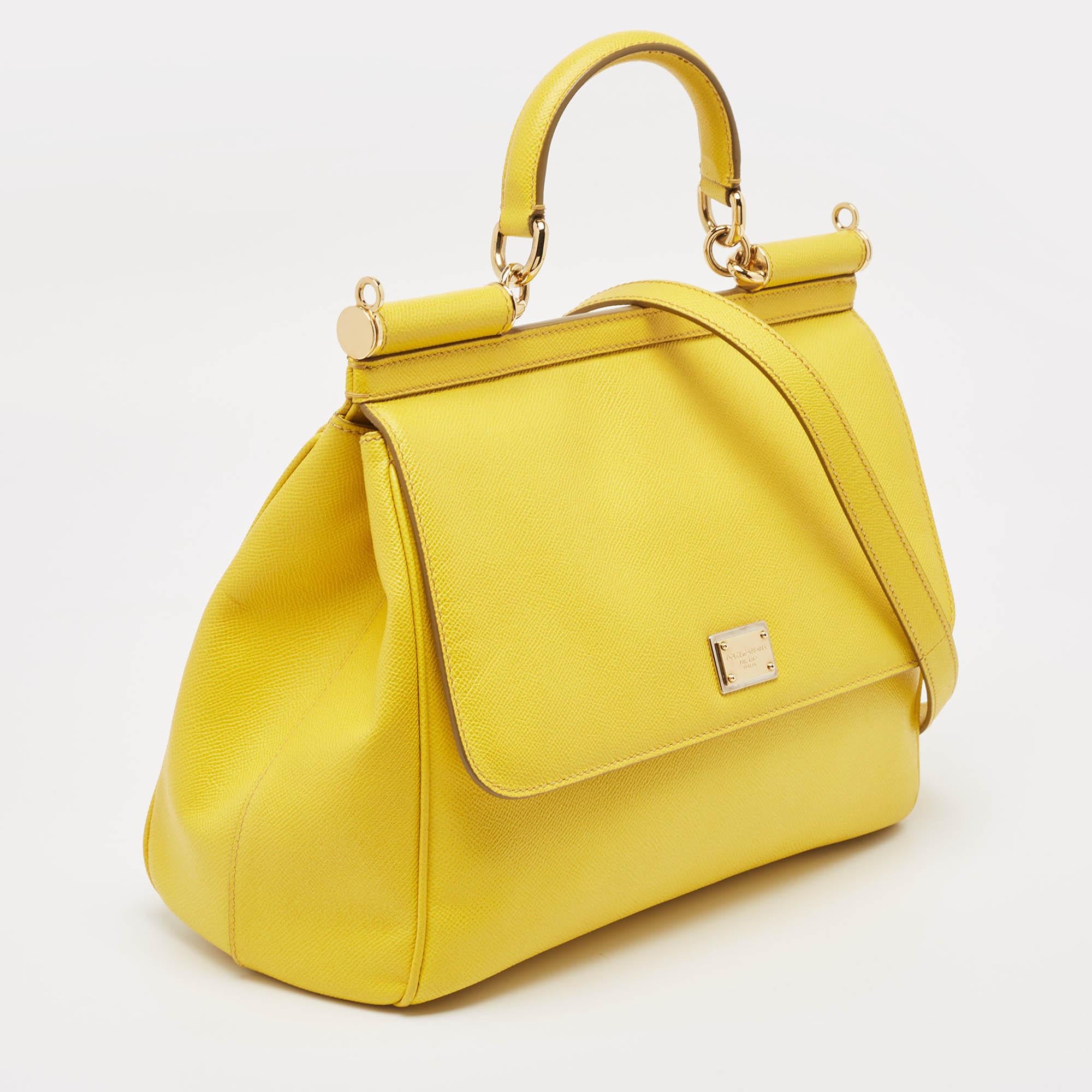 Dolce & Gabbana - Grand sac à poignée Miss Sicily en cuir jaune en vente 2