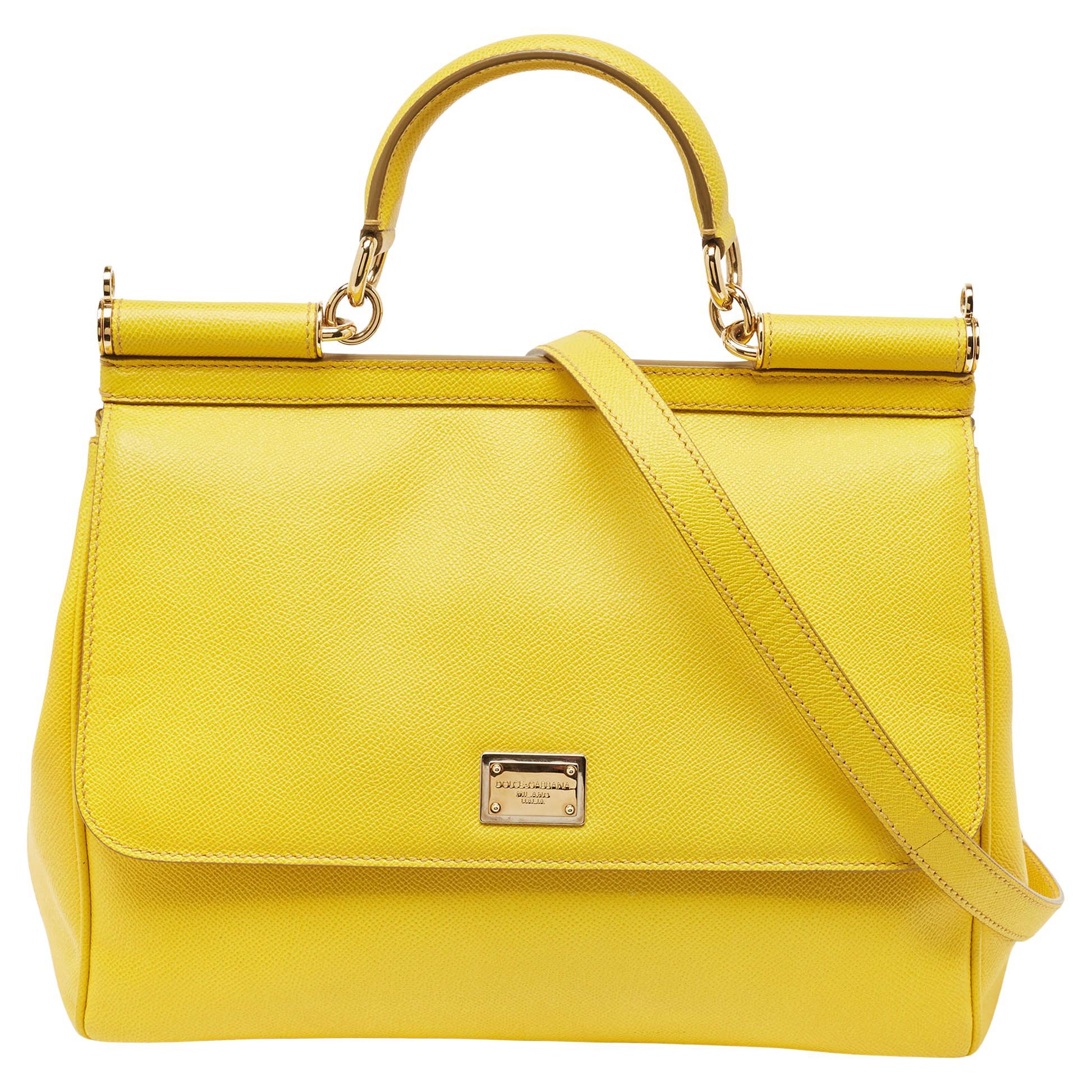 Dolce & Gabbana Yellow Leather Large Miss Sicily Top Handle Bag For Sale