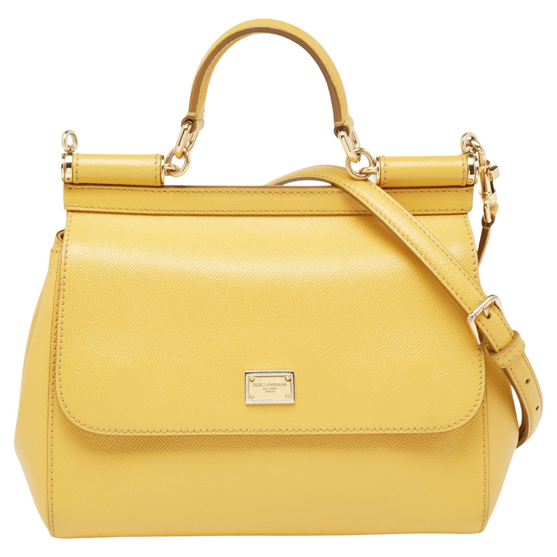 Dolce and Gabbana Yellow Leather Large Miss Sicily Top Handle Bag at