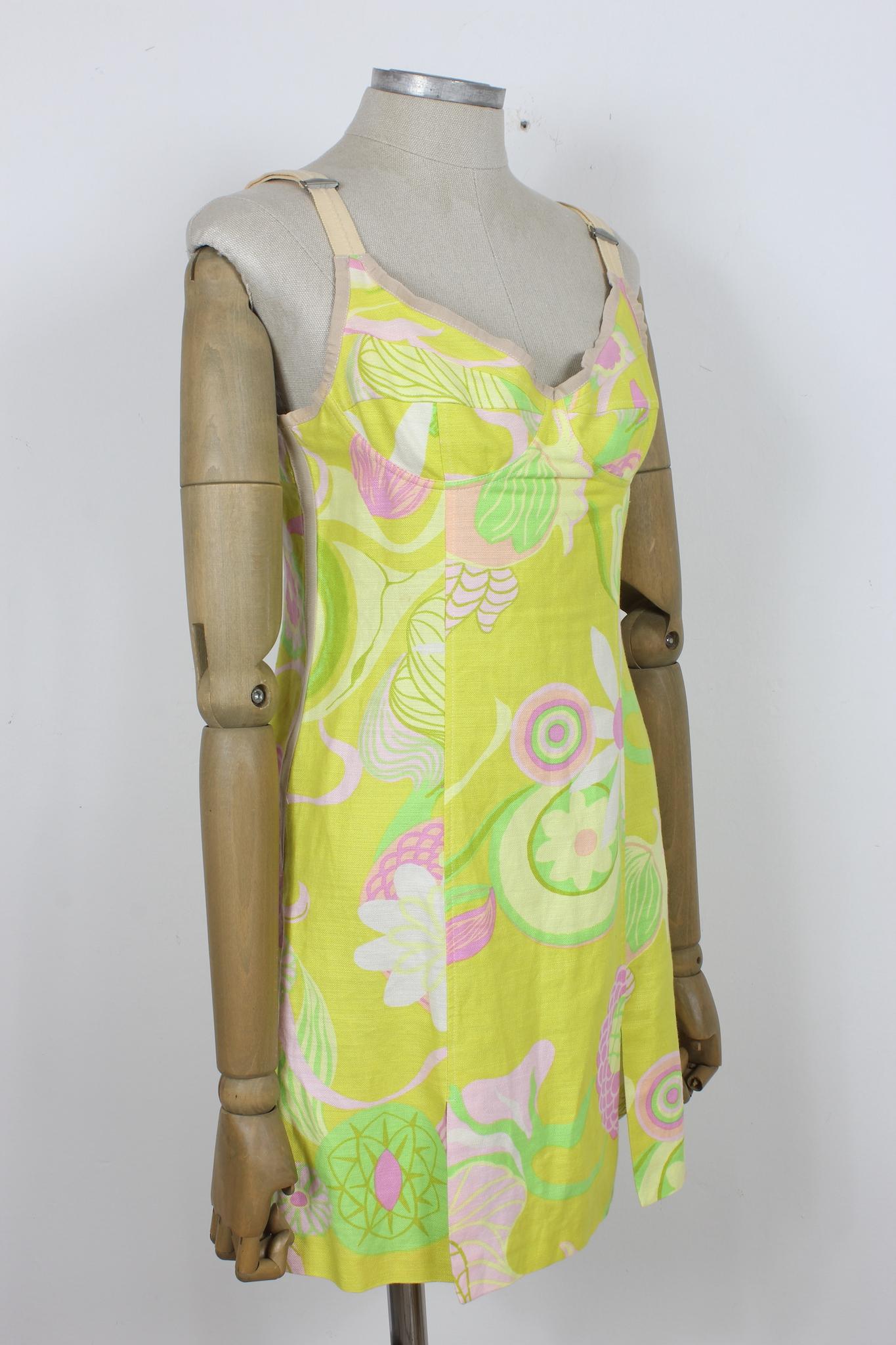 Women's Dolce & Gabbana Yellow Linen Floral Vintage Sheath Dress 2000s