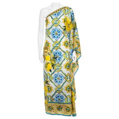 Dolce & Gabbana Yellow Majolica and Lemon Print Silk Blend One Shoulder Gown M