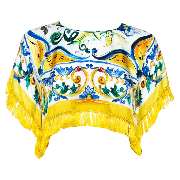 Dolce & Gabbana Yellow Majolica Print Silk Fringed Crop Top S