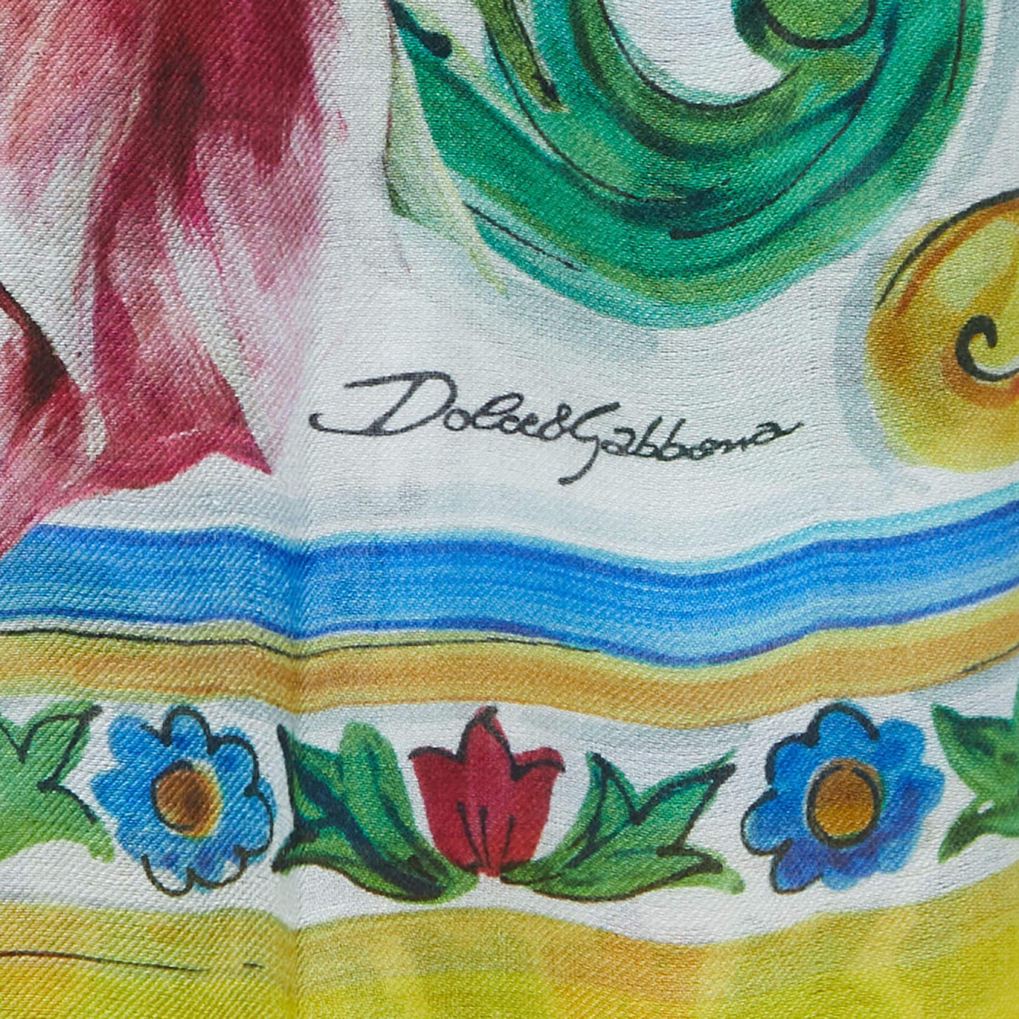 Beige Dolce & Gabbana Yellow Majolica Printed Silk Gauze Scarf