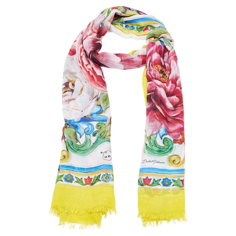 Dolce and Gabbana Yellow Majolica Printed Silk Gauze Scarf For