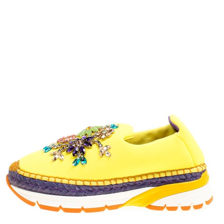 Dolce and Gabbana Yellow Neoprene Barcelona Embellished Slip On Sneakers Size 37 For Sale at 1stDibs