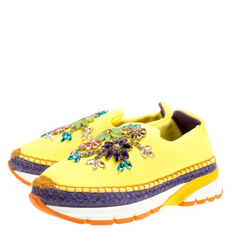 Women's Dolce & Gabbana Yellow Neoprene Barcelona Embellished Slip On Sneakers Size 37