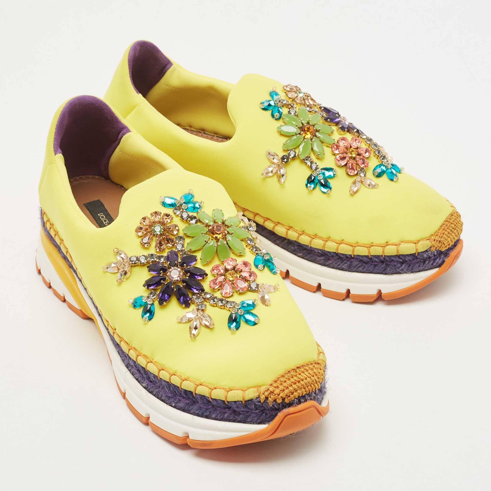 Dolce & Gabbana Yellow Neoprene Barcelona Embellished Slip On Sneakers Size 38 In Good Condition For Sale In Dubai, Al Qouz 2