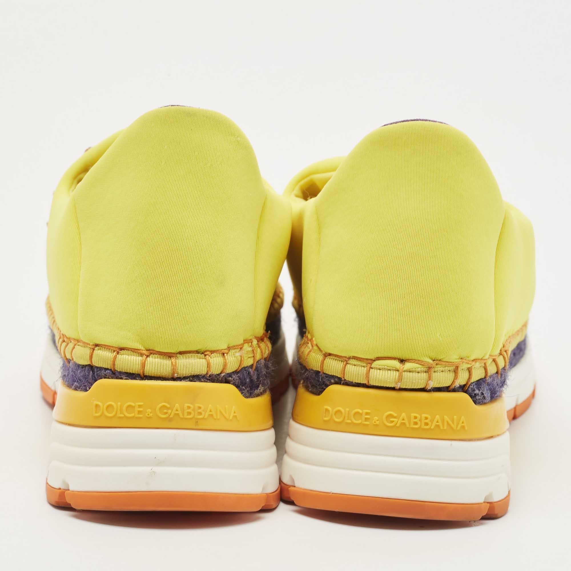 Dolce & Gabbana Yellow Neoprene Barcelona Embellished Slip On Sneakers Size 38 For Sale 3