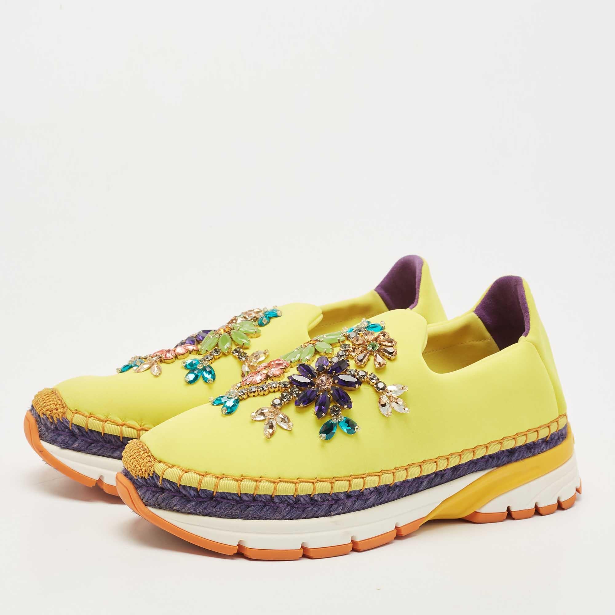 Dolce & Gabbana Yellow Neoprene Barcelona Embellished Slip On Sneakers Size 38 For Sale 4