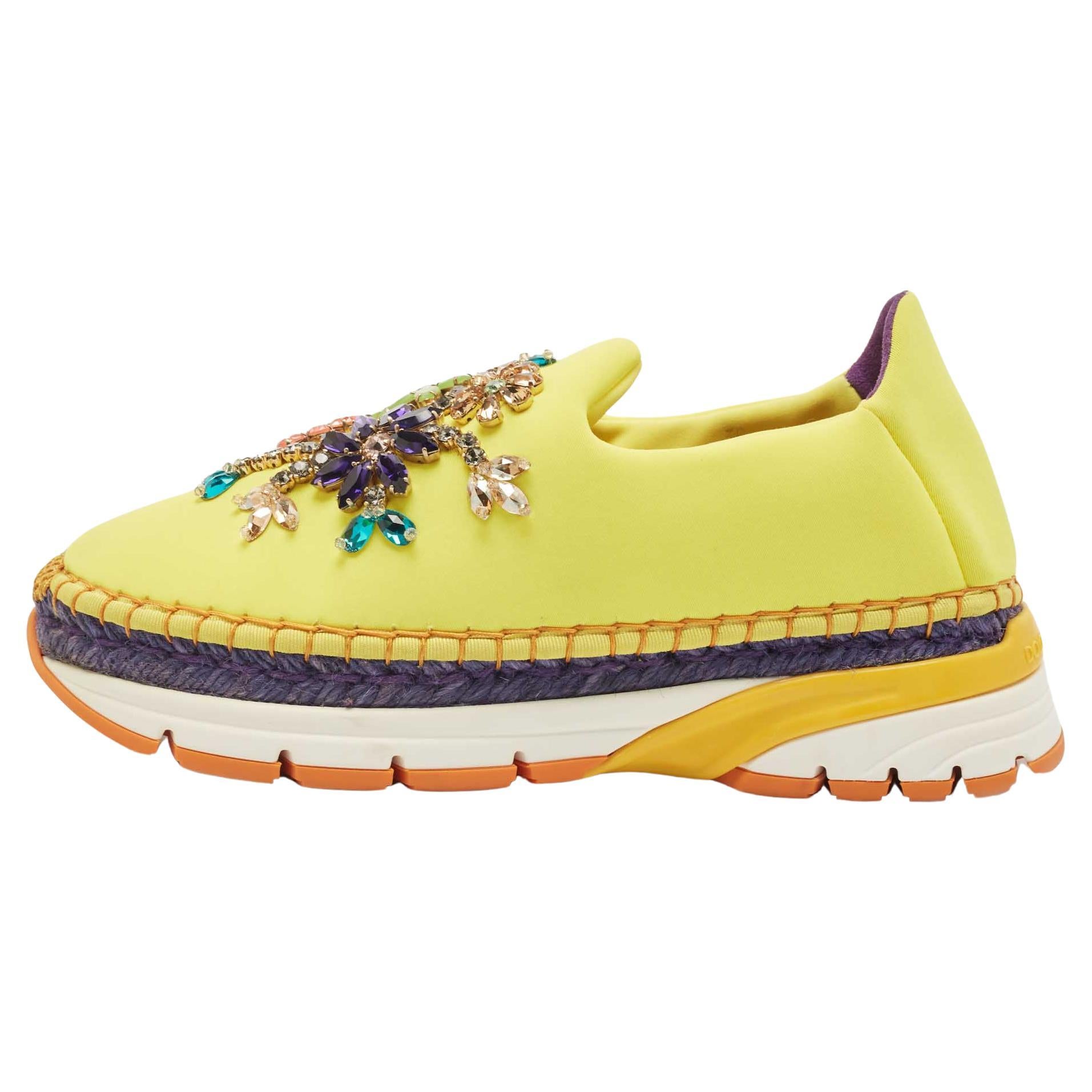 Dolce & Gabbana Yellow Neoprene Barcelona Embellished Slip On Sneakers Size 38 For Sale