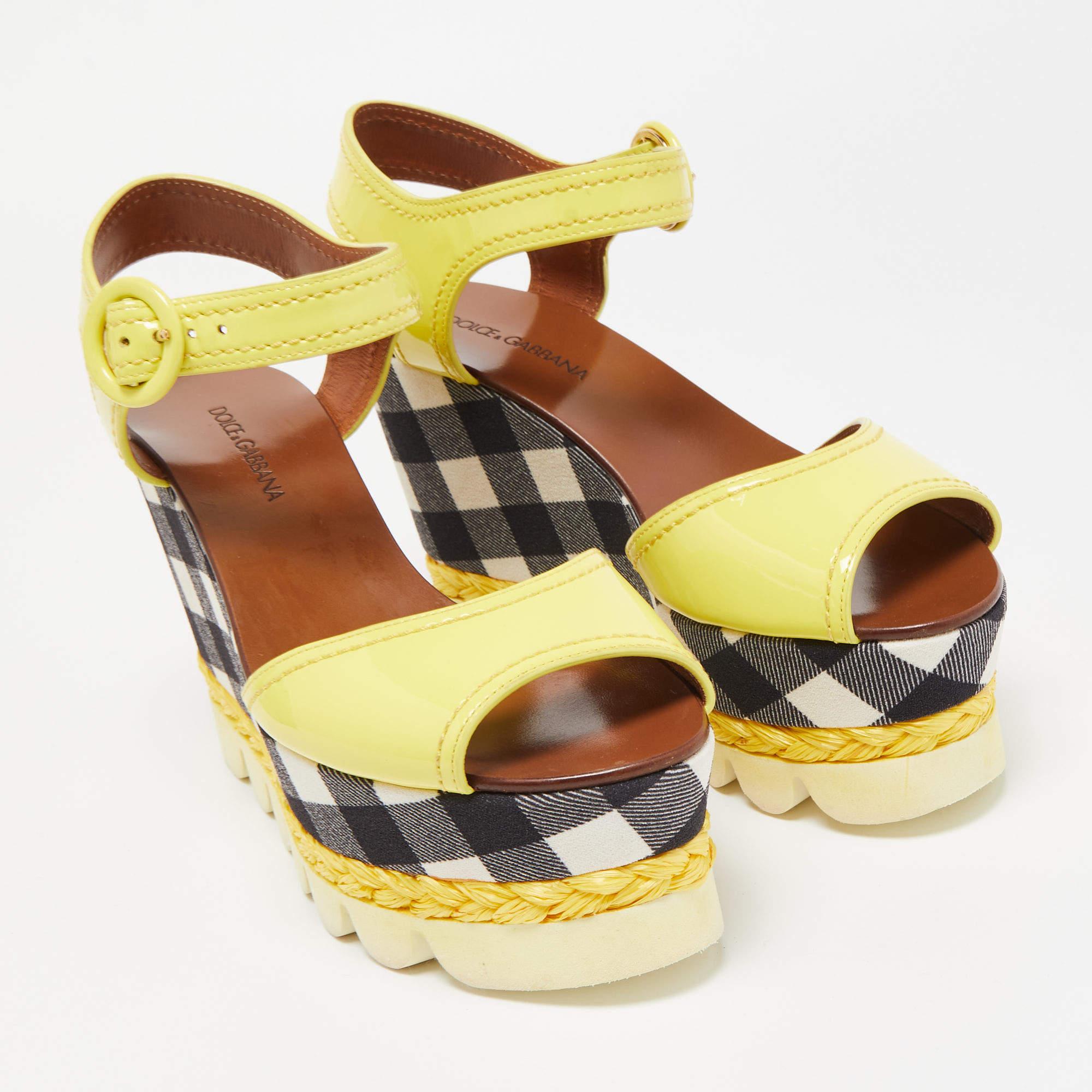 Women's Dolce & Gabbana Yellow Patent Leather Checked Wedge Sandals 
