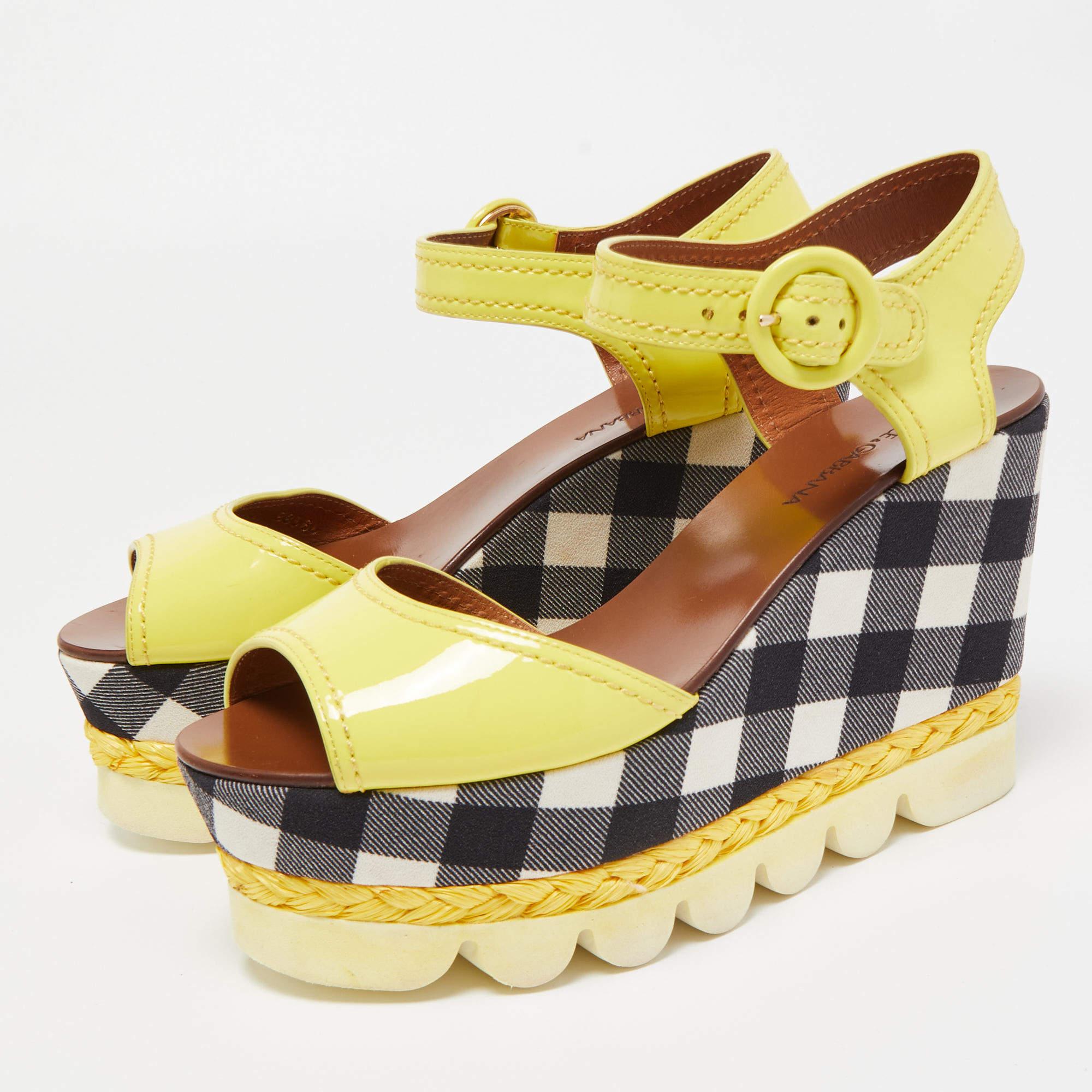 Dolce & Gabbana Yellow Patent Leather Checked Wedge Sandals  2