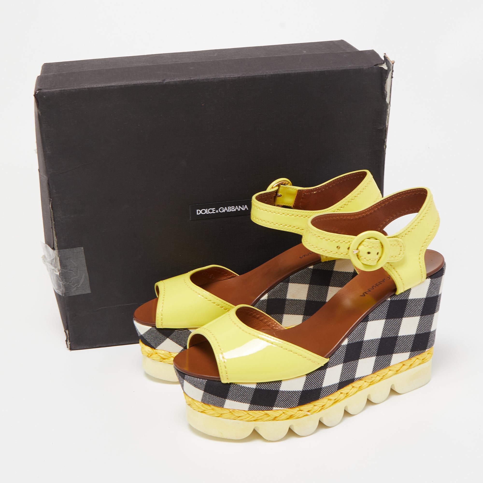 Dolce & Gabbana Yellow Patent Leather Checked Wedge Sandals  4