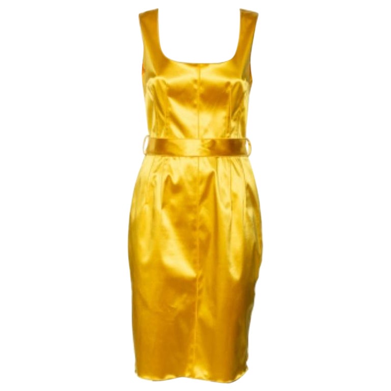 Dolce 
Gabbana Yellow Satin Sleeveless Belted Dress S