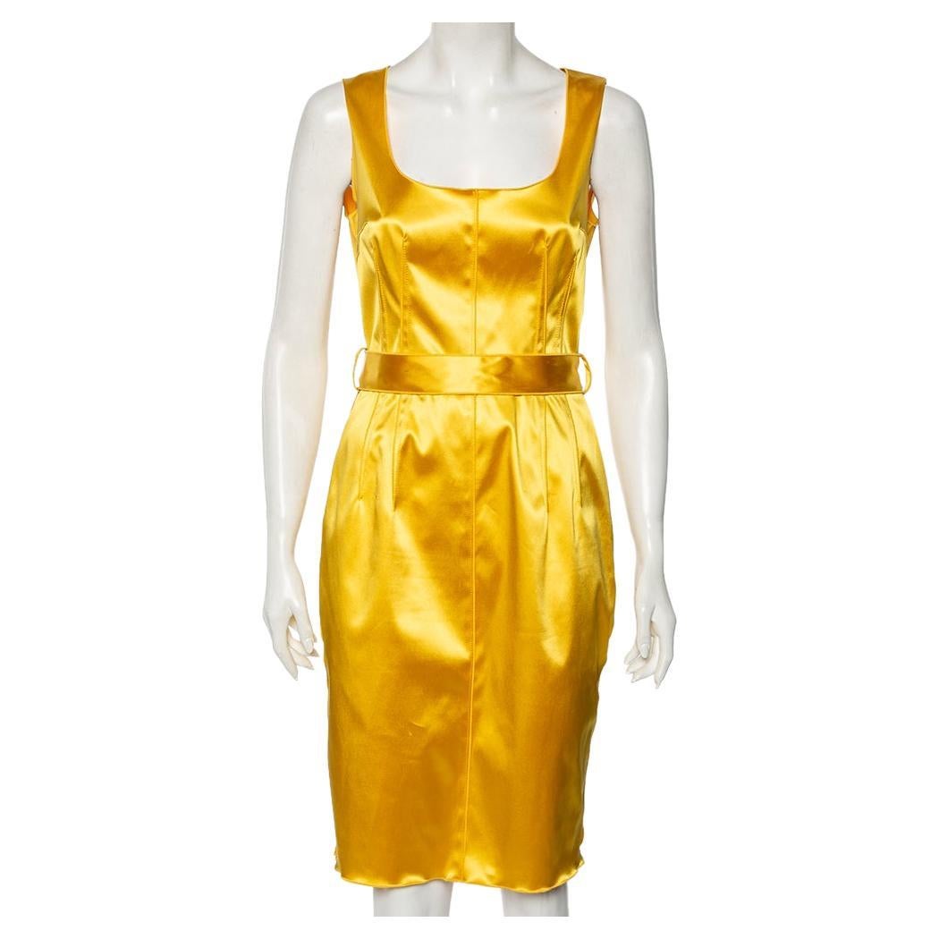 Dolce & Gabbana Yellow Satin Sleeveless Belted Dress S For Sale