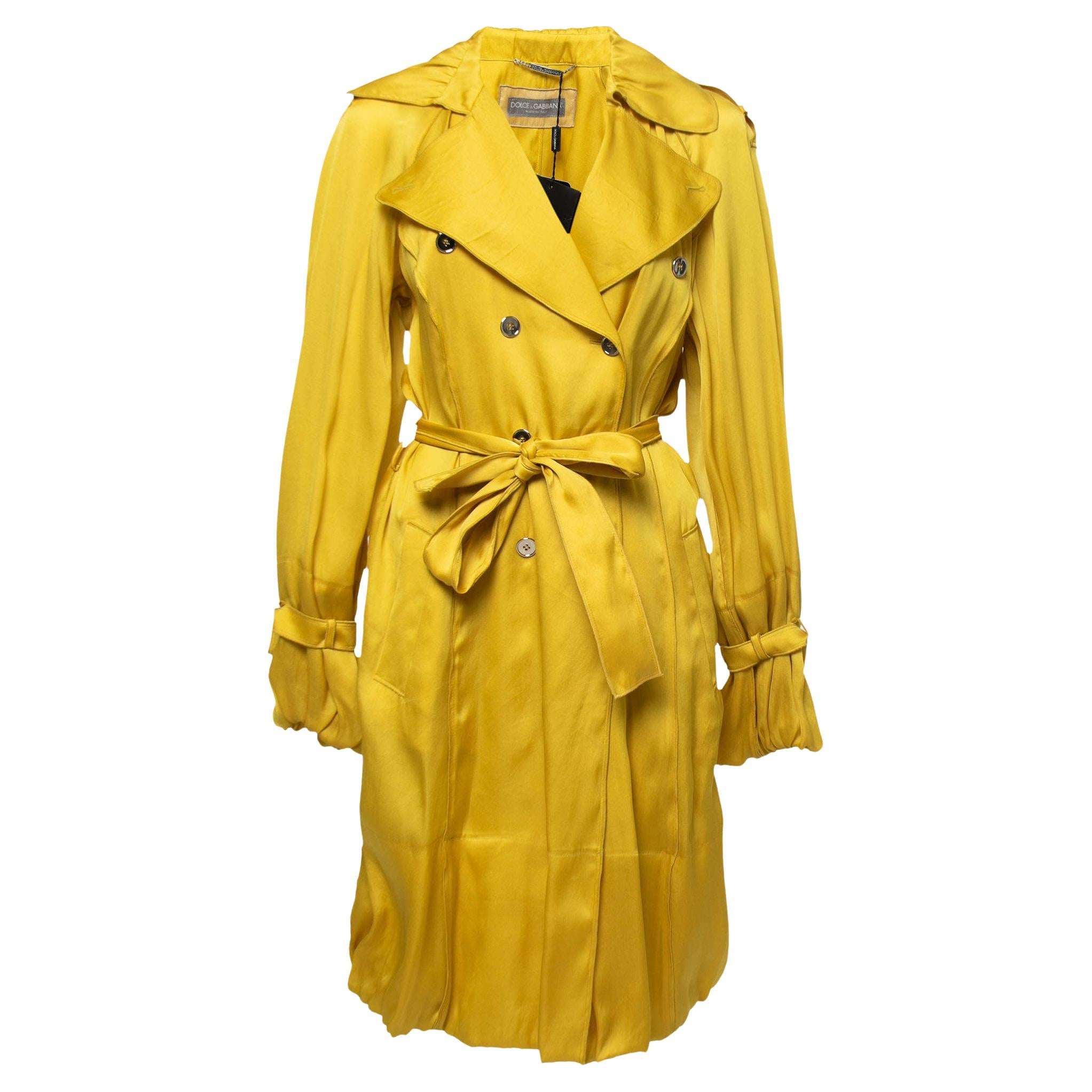 Dolce and Gabbana Yellow Silk Belted Trench Coat M For Sale at 1stDibs