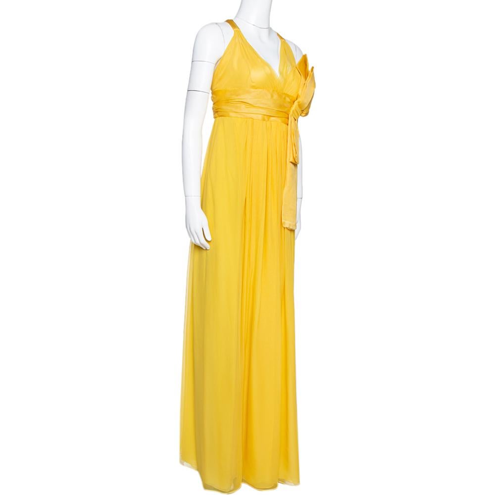 Dolce & Gabbana Maxivestido sin mangas con lazo de seda amarillo M Amarillo