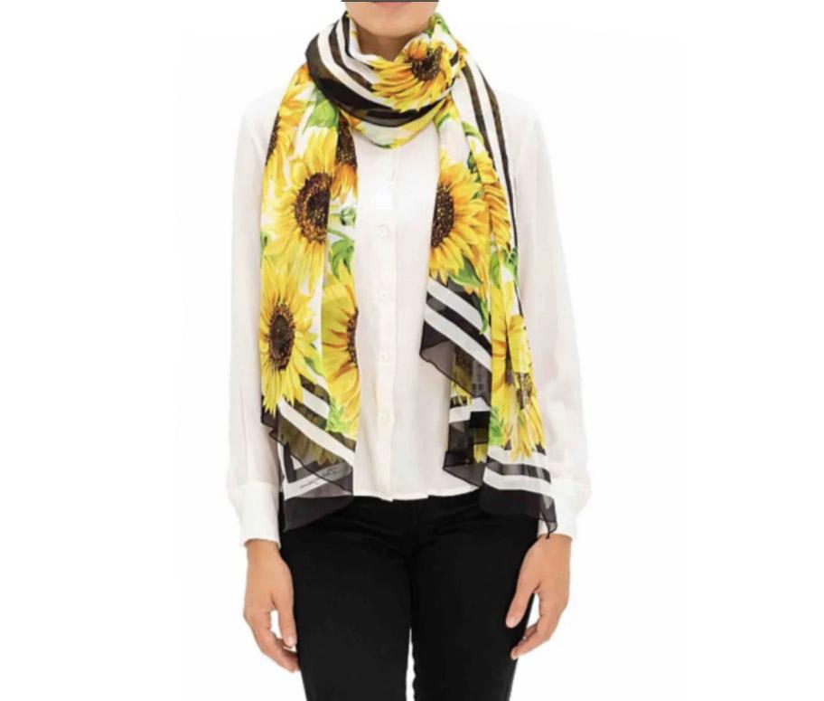 Dolce & Gabbana Yellow Silk Sunflower Striped Scarf Wrap Pareo Cover Up Flowers In New Condition In WELWYN, GB