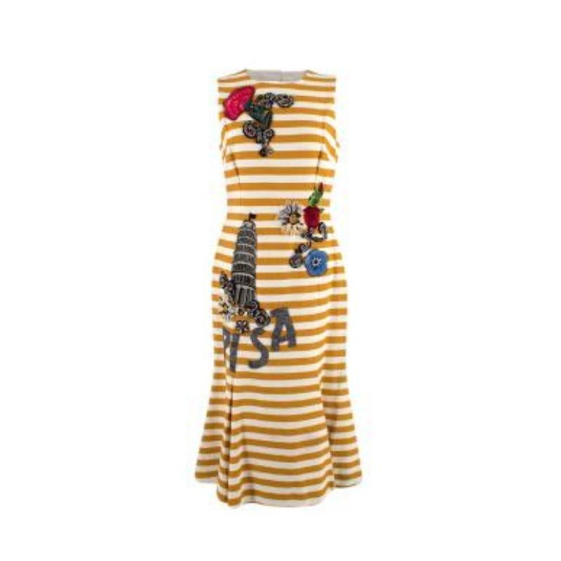 Dolce & Gabbana Yellow Striped Embellished Midi Dress

- Yellow striped, soft cotton Dolce & Gabbana dress 
- Embroidered multi-colour patches and crystals on front body
- Open square-drop backline
- Gold-coloured metal hardware zip on back, with