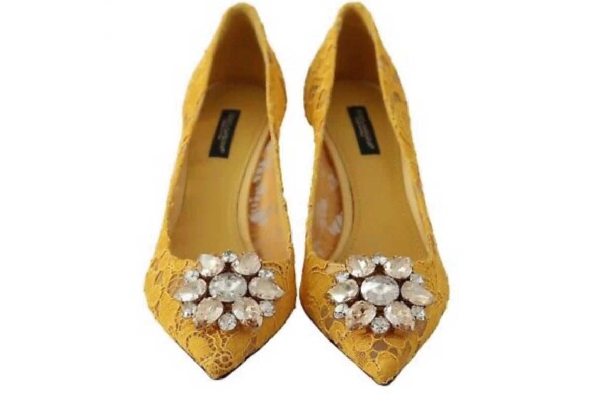 Women's Dolce & Gabbana Yellow Taormina Lace Shoes Pumps Heels With Crystals Rainbow