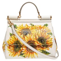 Dolce & Gabbana Yellow White Leather Sicily Sunflower Handbag Shoulder Bag