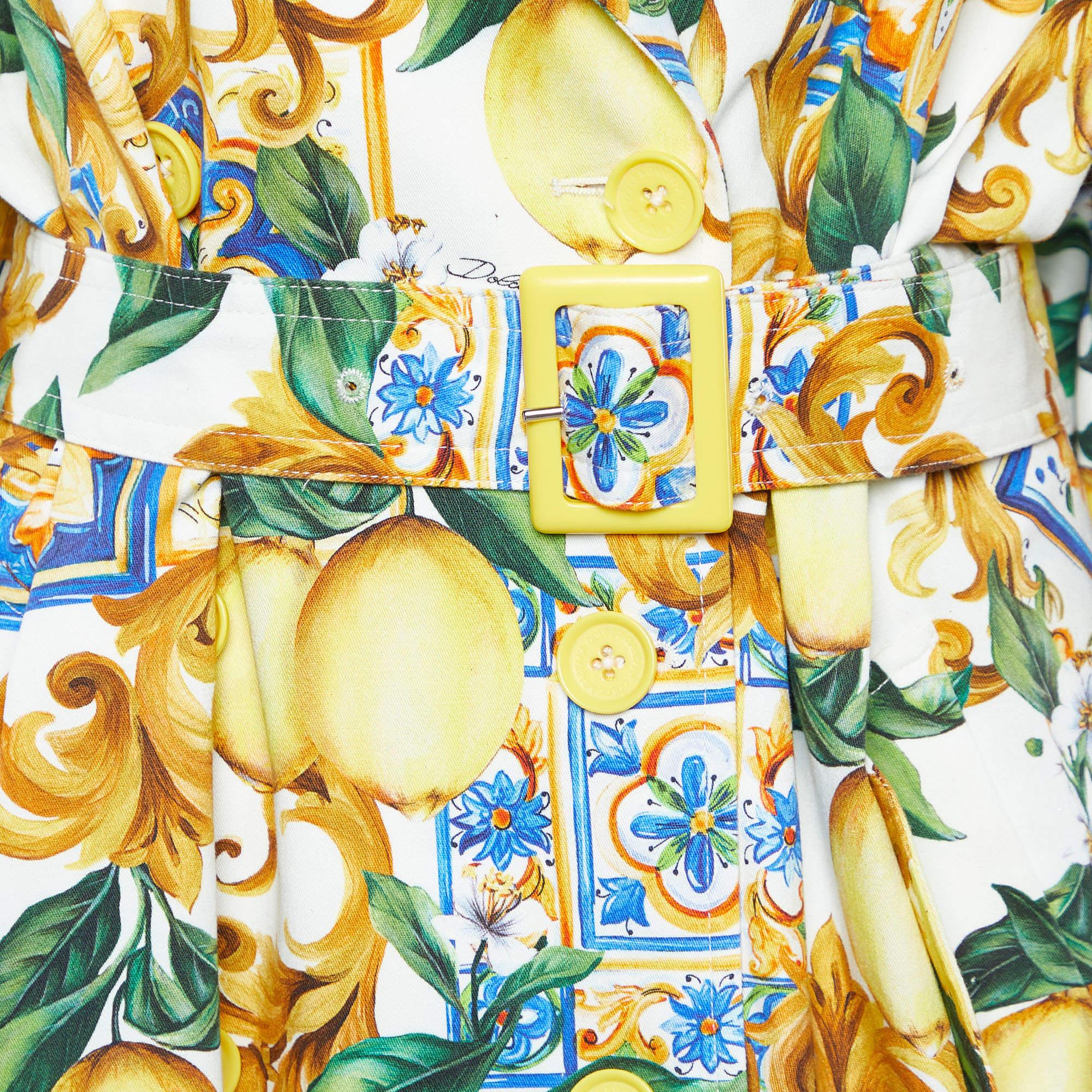 Women's Dolce & Gabbana Yellow/White Limoni Print Cotton Double Breasted Coat M