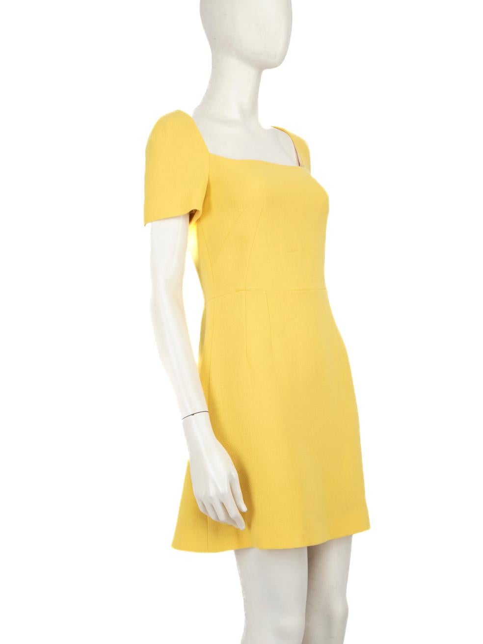 CONDITION is Very Good. Hardly any visible wear to dress is evident on this used Dolce & Gabbana designer resale item.
 
 Details
 
 
 Yellow
 
 Wool
 
 Dress
 
 Square neck
 
 Mini
 
 Short sleeves
 
 Back zip fastening
 
 
 
 
 
 Made in Italy
 
