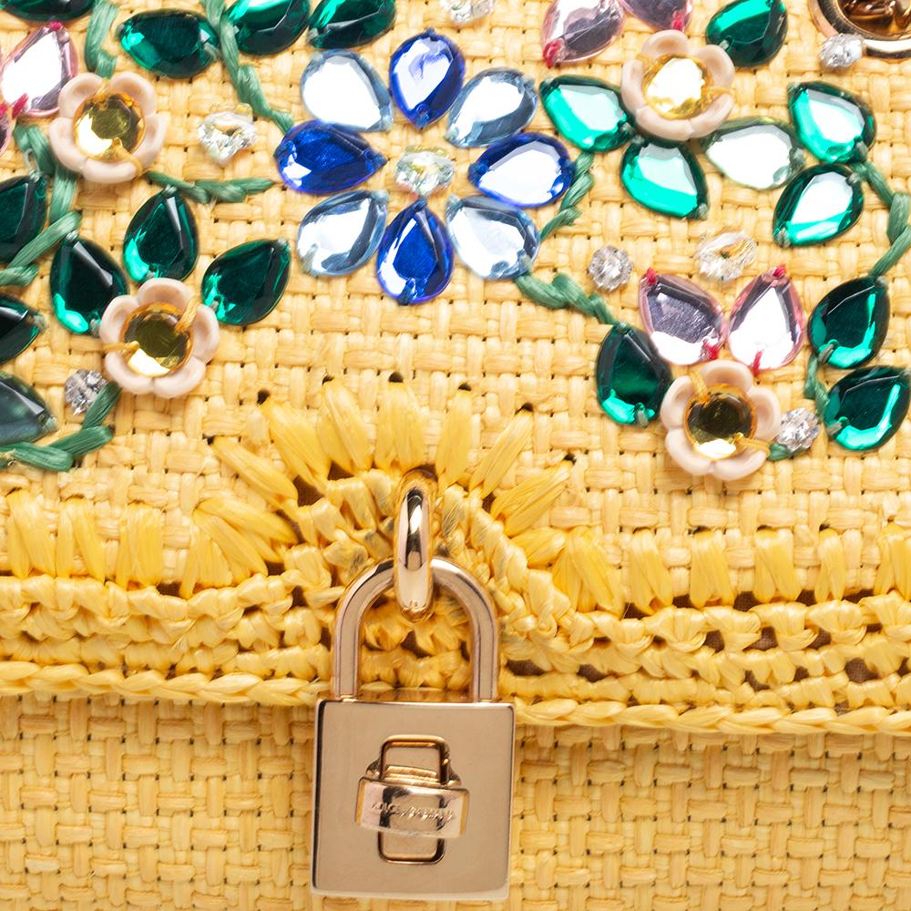 Dolce & Gabbana Yellow Woven Raffia Crystal Embellished Flap Shoulder Bag In Good Condition In Dubai, Al Qouz 2