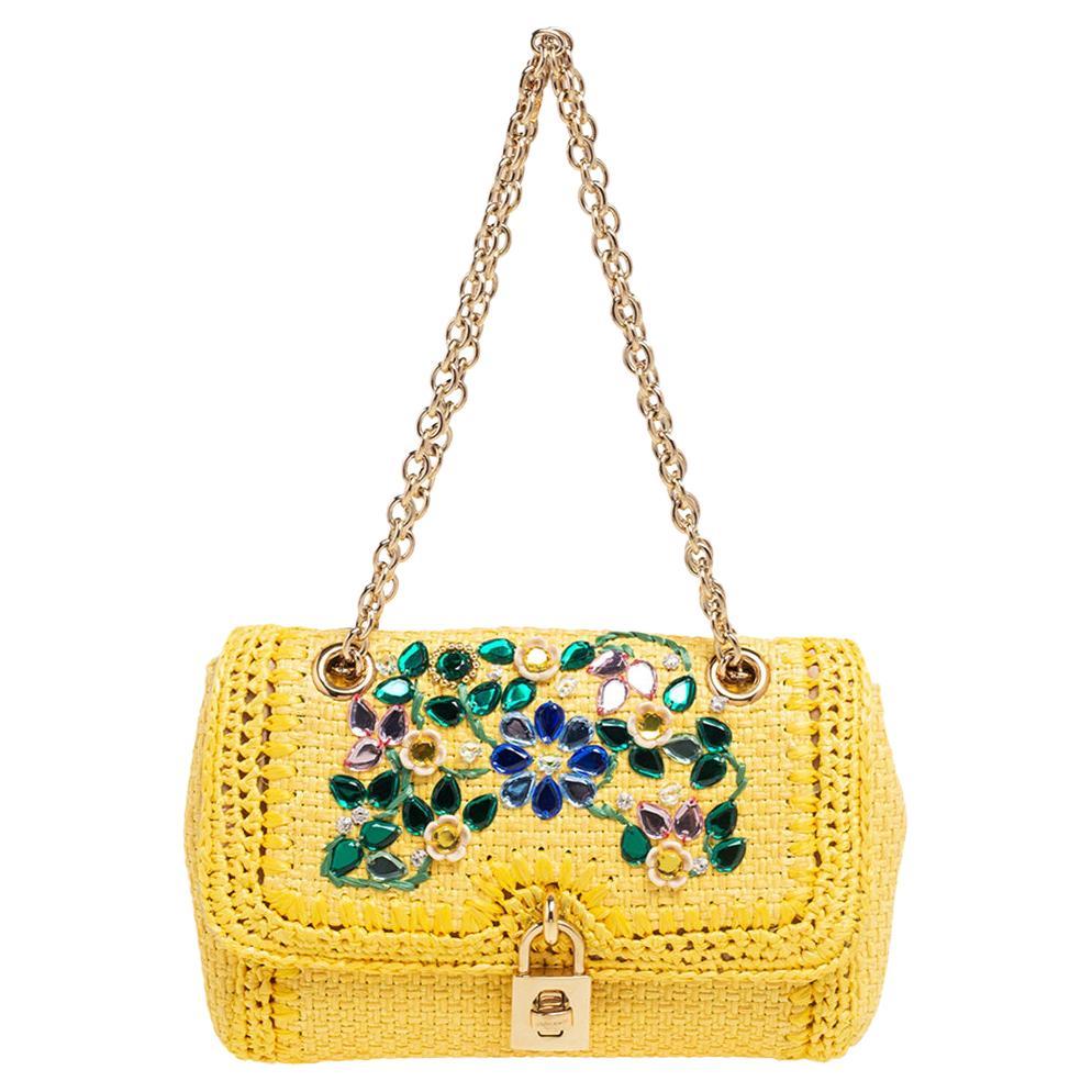 Dolce & Gabbana Yellow Woven Raffia Crystal Embellished Flap Shoulder Bag