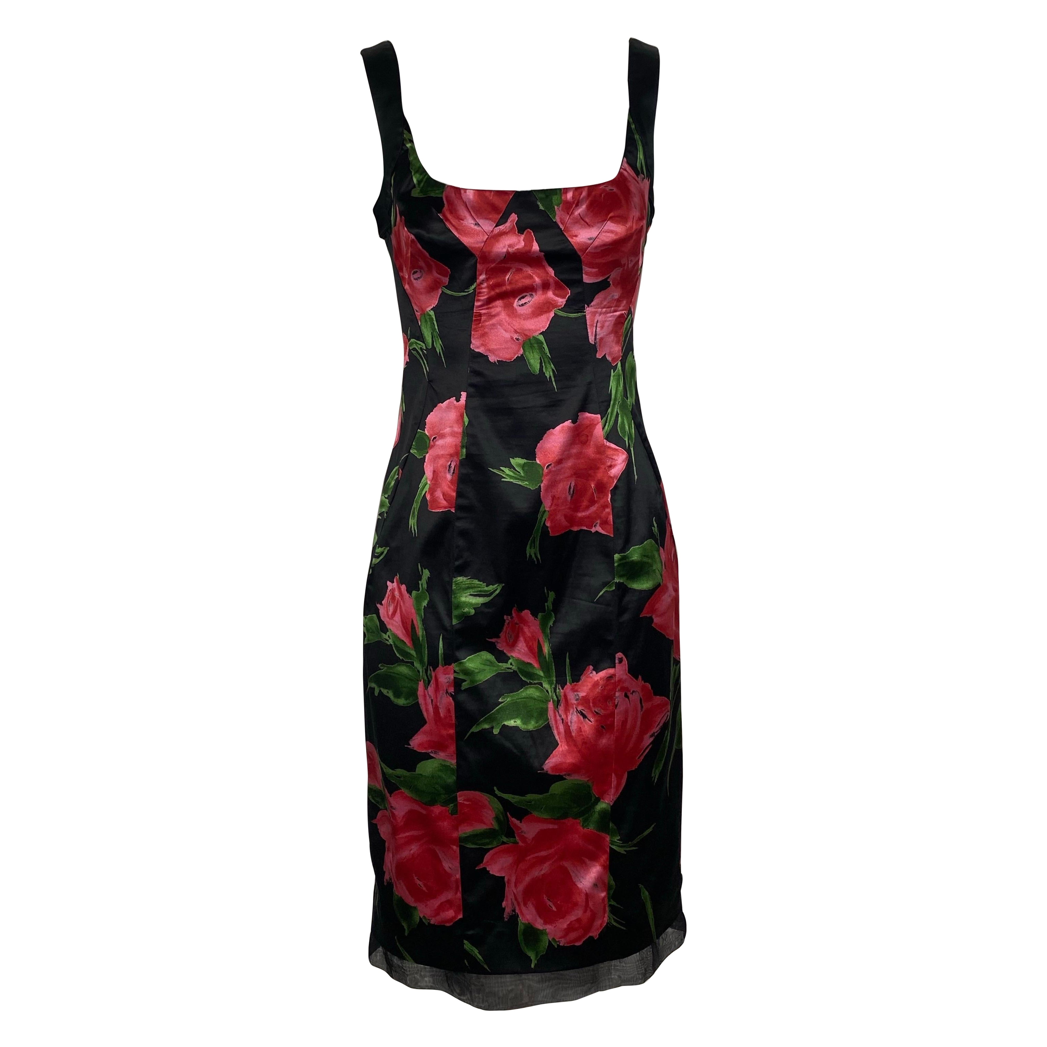 DOLCE & GABBBANA Robe fourreau en satin floral stretch Début des années 2000