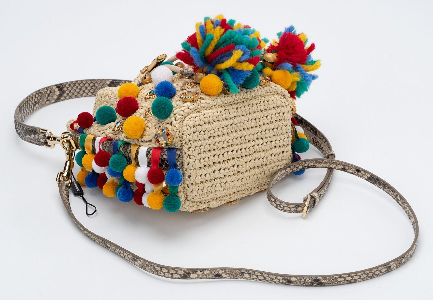 Dolce New Raffia Pompoms Python Bag In New Condition For Sale In West Hollywood, CA