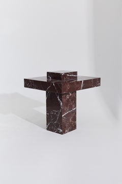 Square Block White Veining and Dark Red Marble Side Table by RAFFINATO