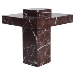 Square Block White Veining and Dark Red Marble Side Table by RAFFINATO