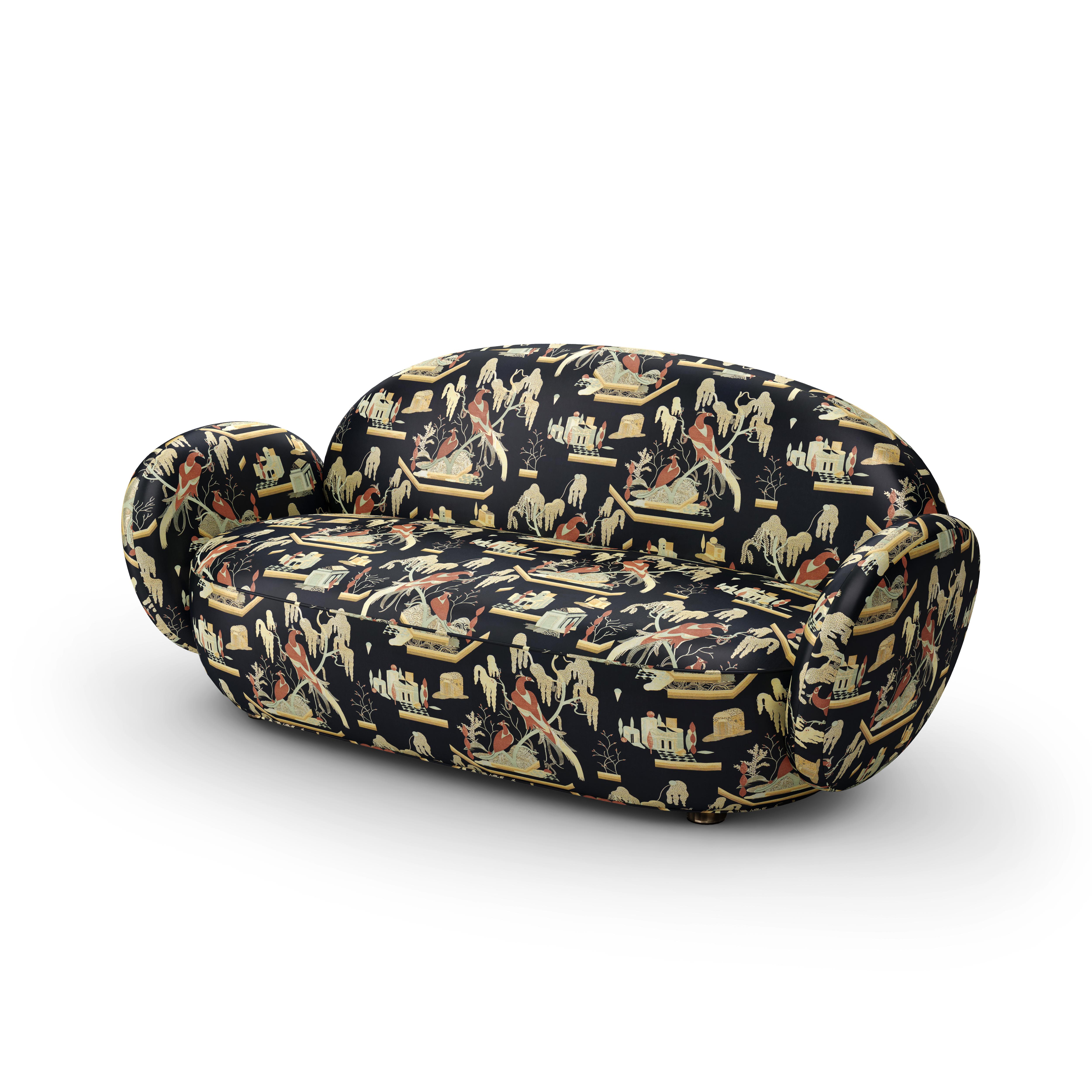 Dolce Sofa is an exquisite and ergonomically perfect three seater sofa upholstered in the plush jacquard fabric, This Must Be The Place by Dedar Milano. Ideal for playful lazing! Designed by Matteo Cibic. Upholstery customisation is available upon