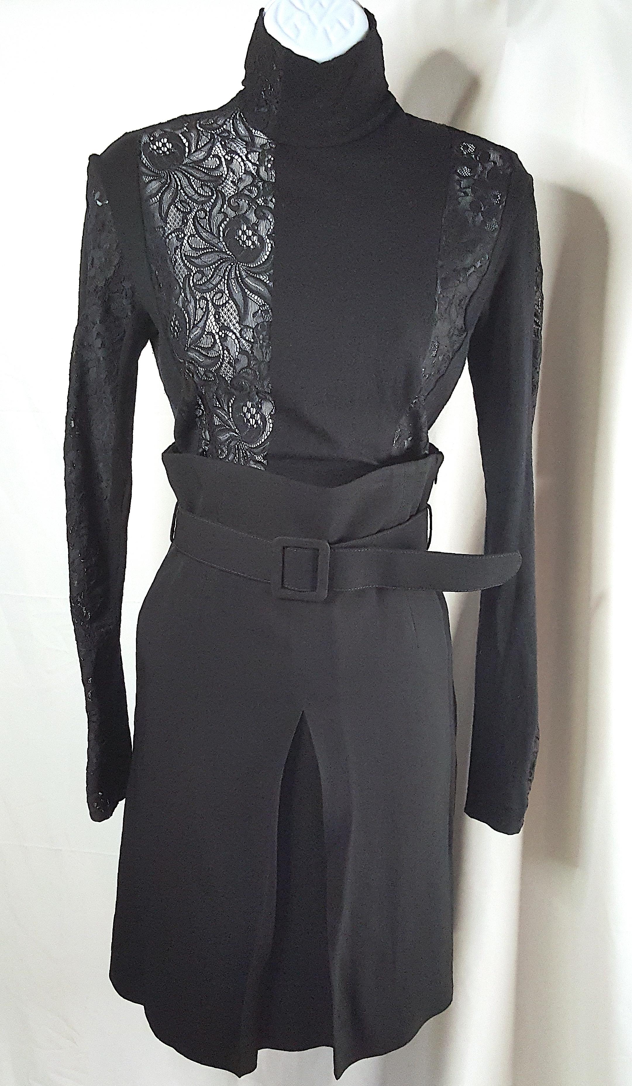 Dolce&Gabbana 1995 Lace CutWork Black Ensemble WoolKnitTurtleneck Belt & Skirt For Sale 10
