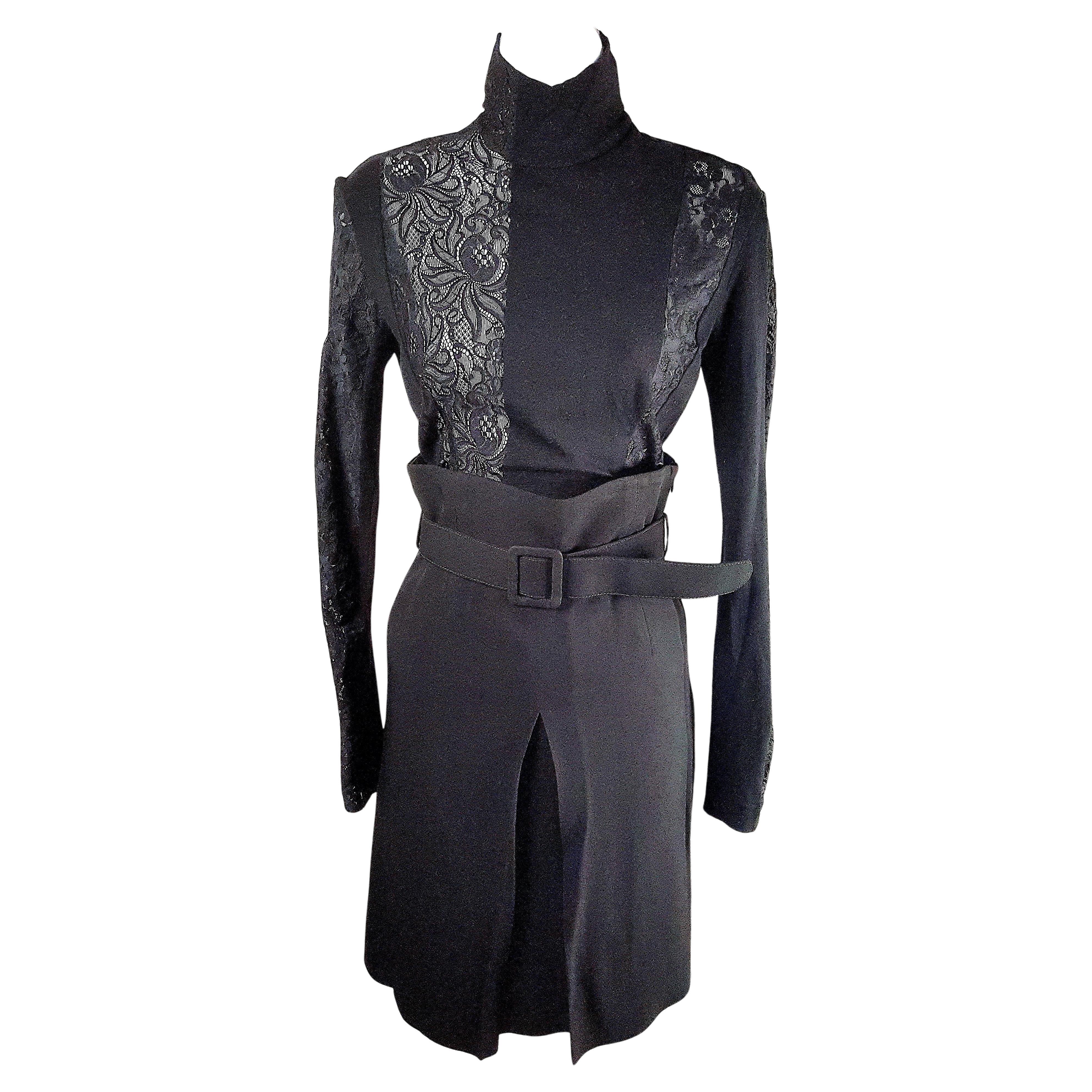 Dolce&Gabbana 1995 Lace CutWork Black Ensemble WoolKnitTurtleneck Belt & Skirt For Sale