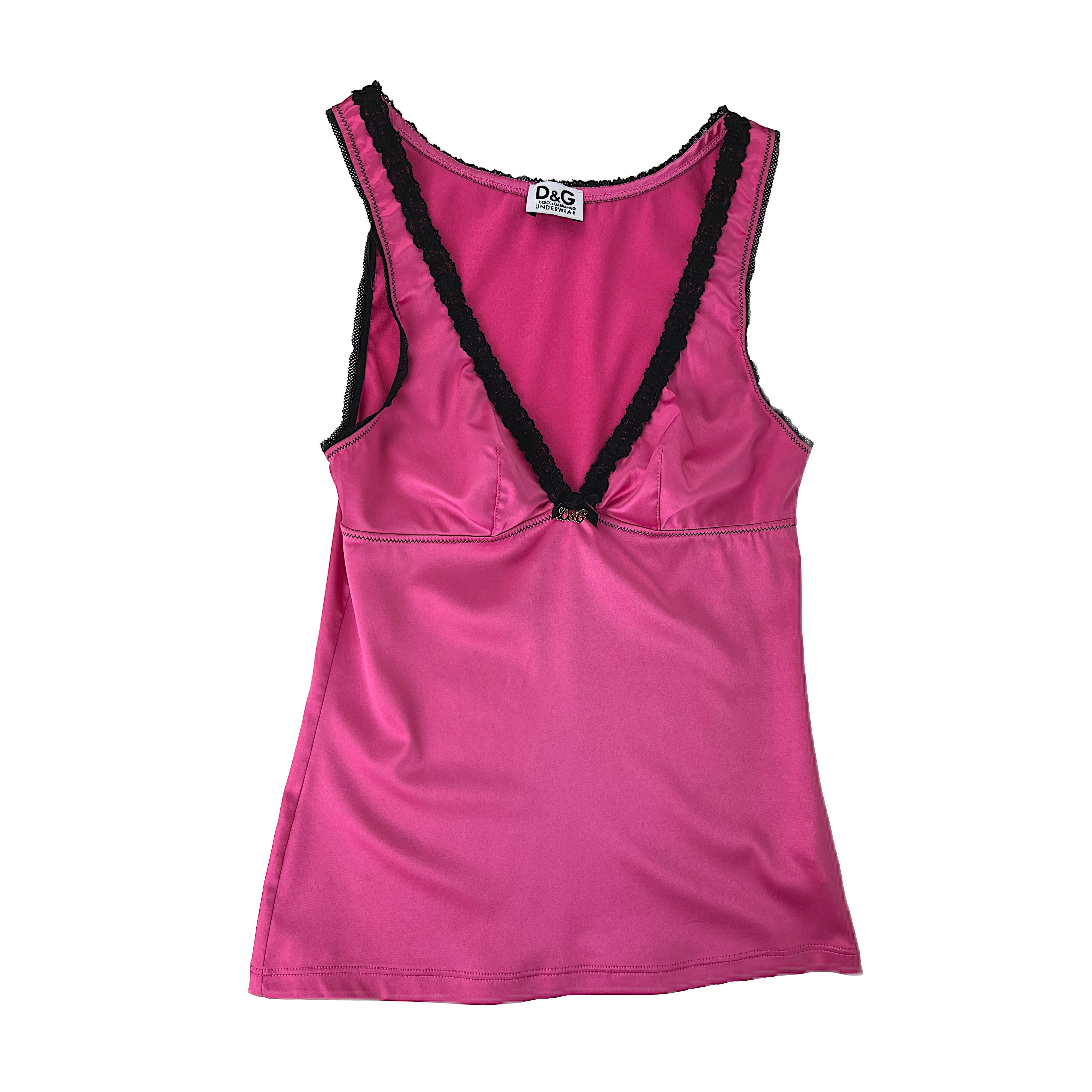 Women's DOLCE&GABBANA – Authentic Sexy Pink Tank Top with Black Lace and Golden Monogram