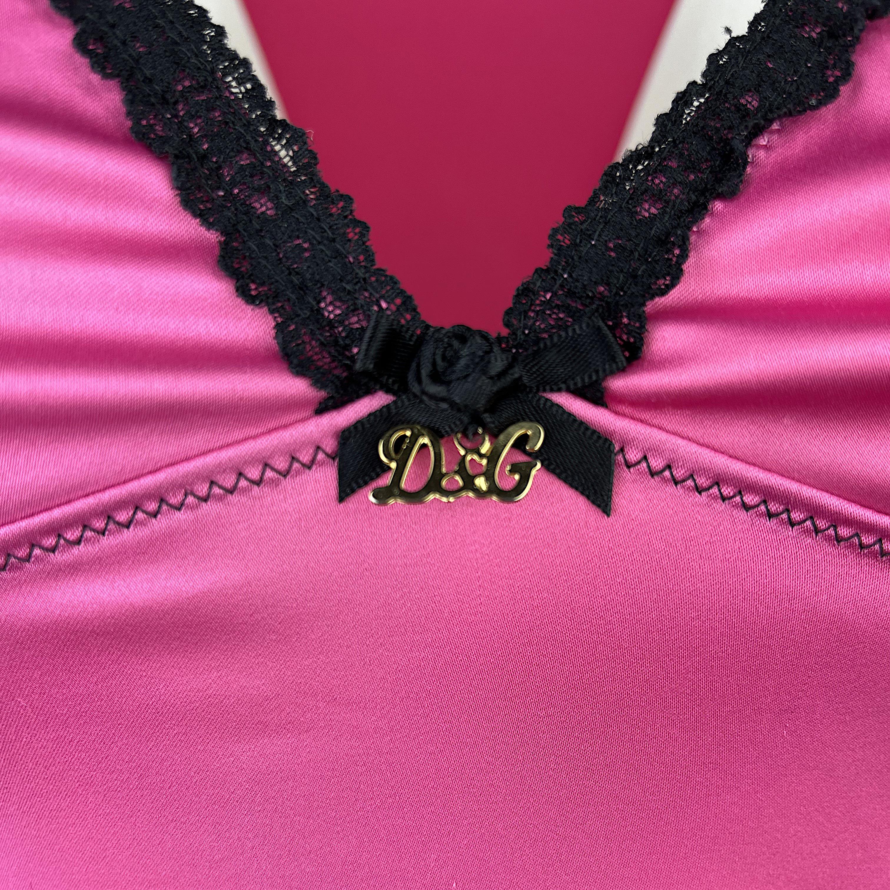 DOLCE&GABBANA – Authentic Sexy Pink Tank Top with Black Lace and Golden Monogram 1