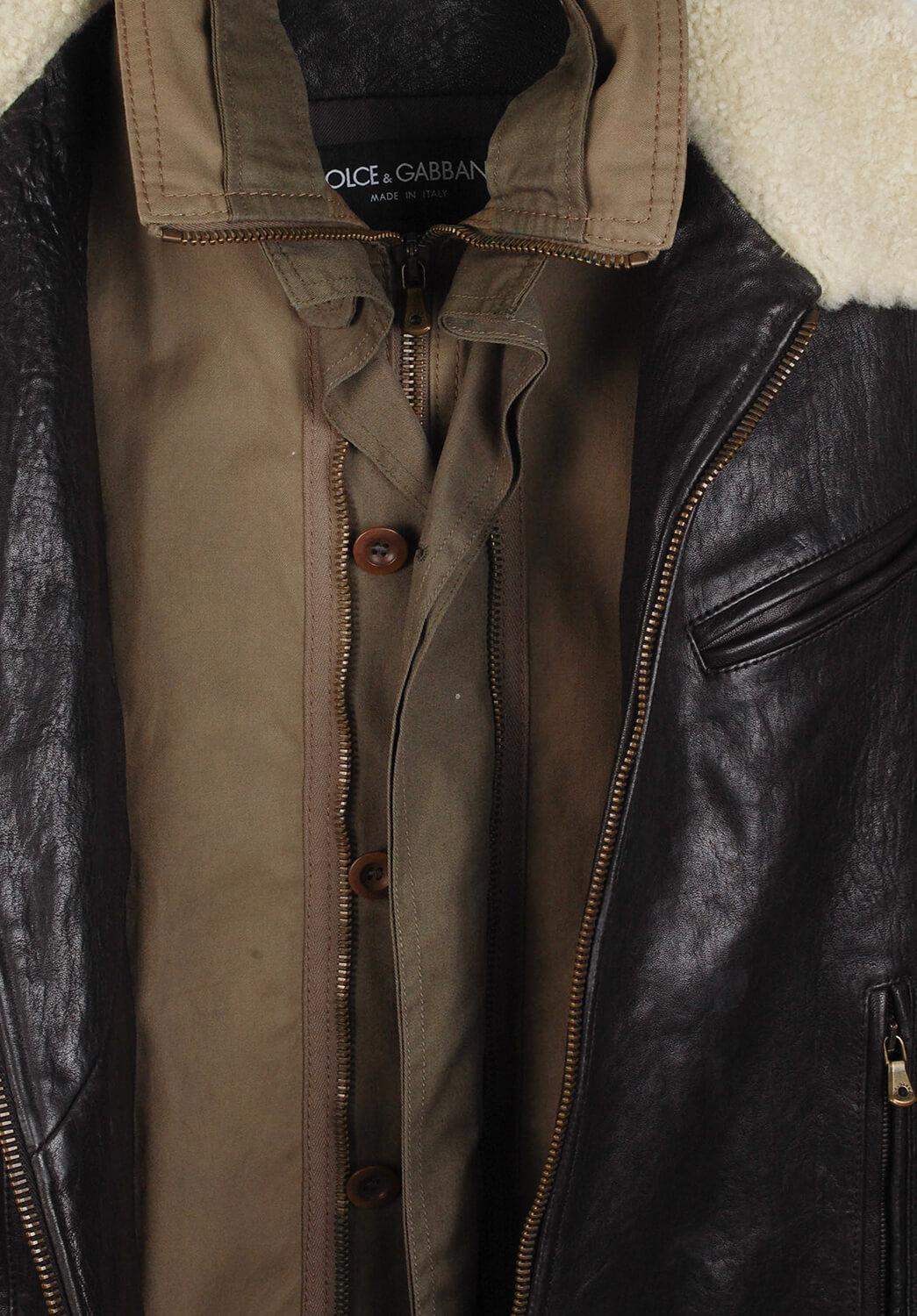 Dolce&Gabbana AW04 Mainline Leather Heavy Men Sheep Collar Jacket Size 48IT (M) 1
