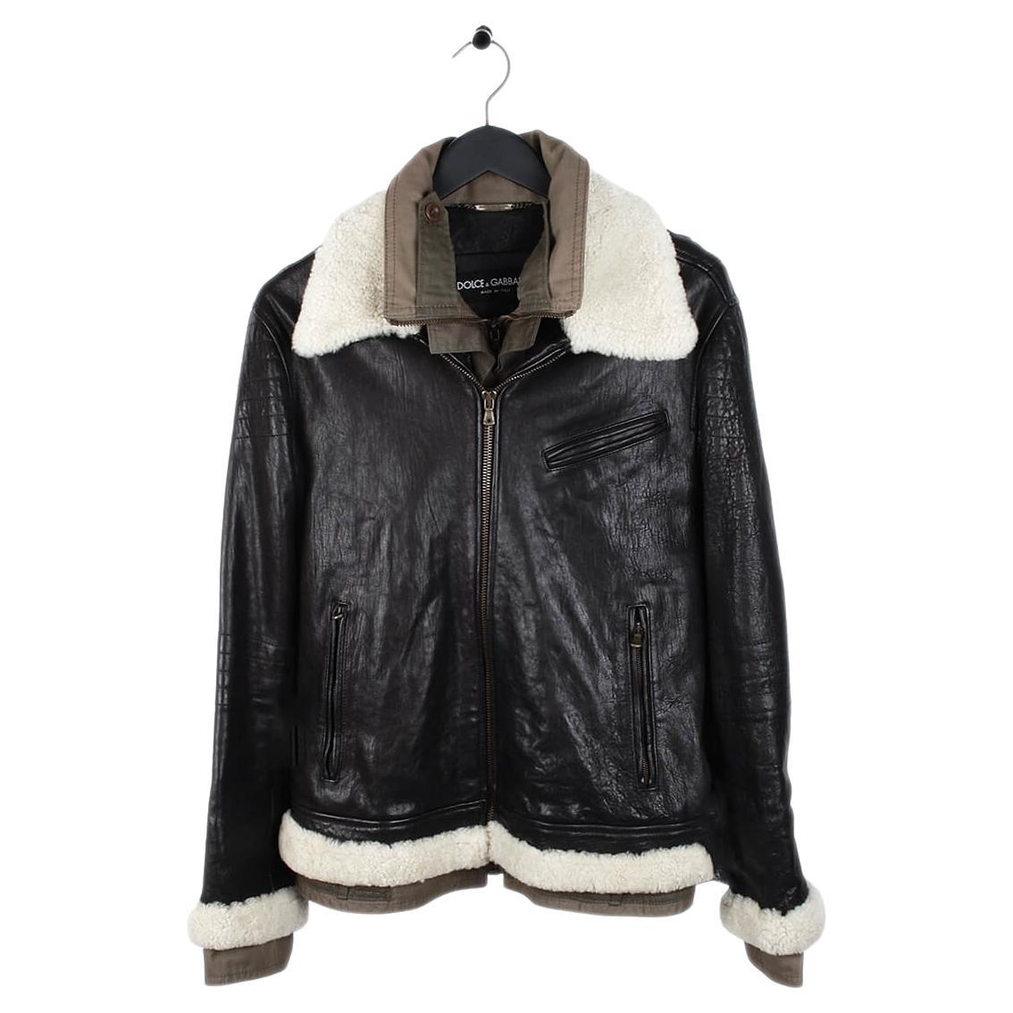 Dolce&Gabbana AW04 Mainline Leather Heavy Men Sheep Collar Jacket Size 48IT (M)