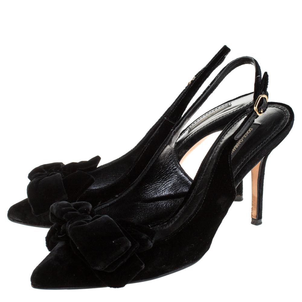 Dolce&Gabbana Black Velvet Bellucci Bow Pointed Toe Slingback Sandals Size 39 1