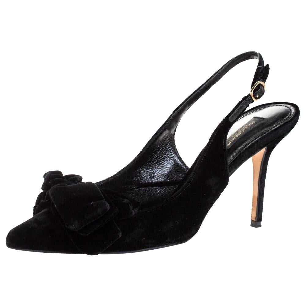 Dolce&Gabbana Black Velvet Bellucci Bow Pointed Toe Slingback Sandals Size 39