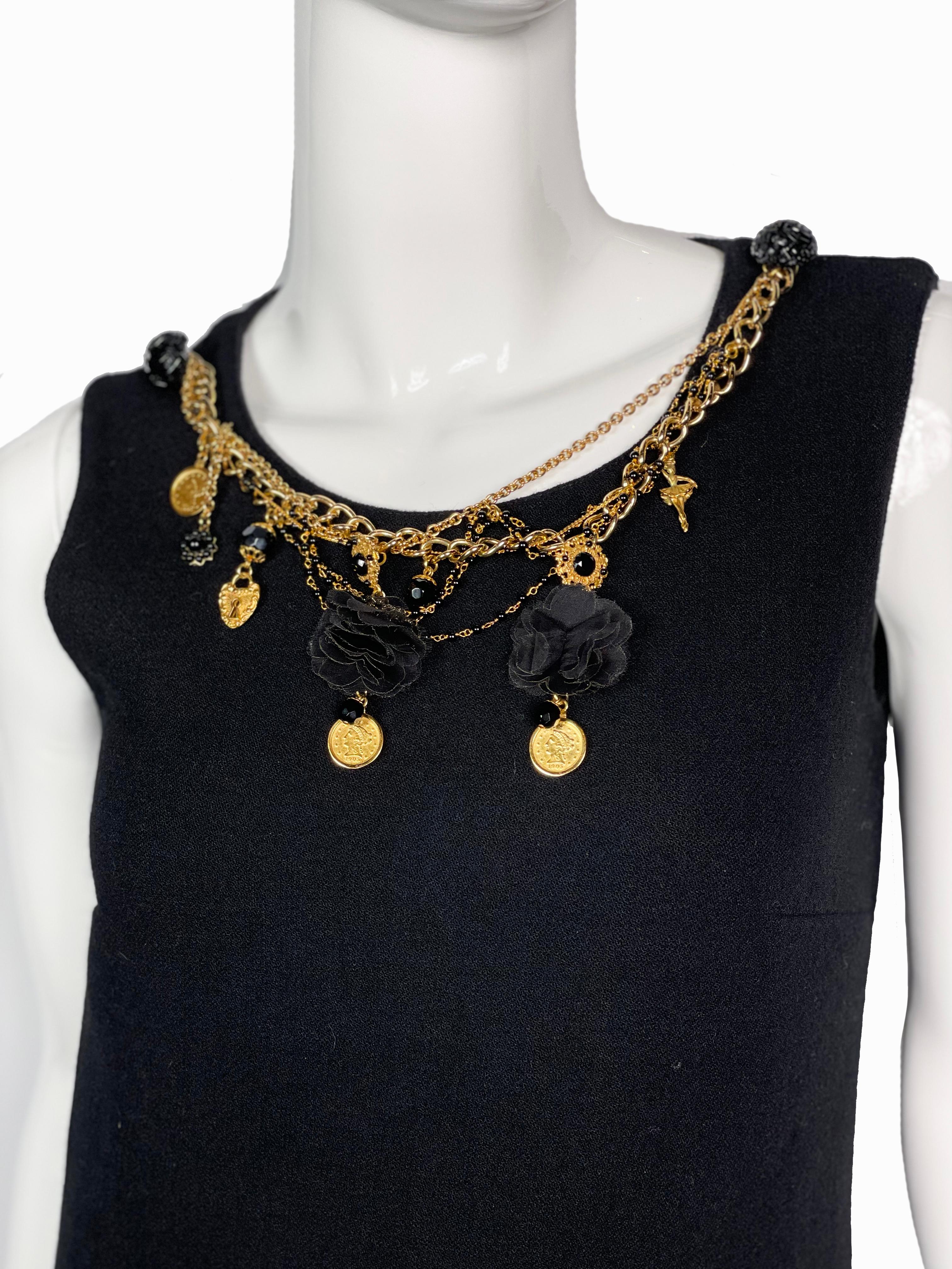 Black Dolce&Gabbana black wool mini dress with medallions necklace, 2010s For Sale