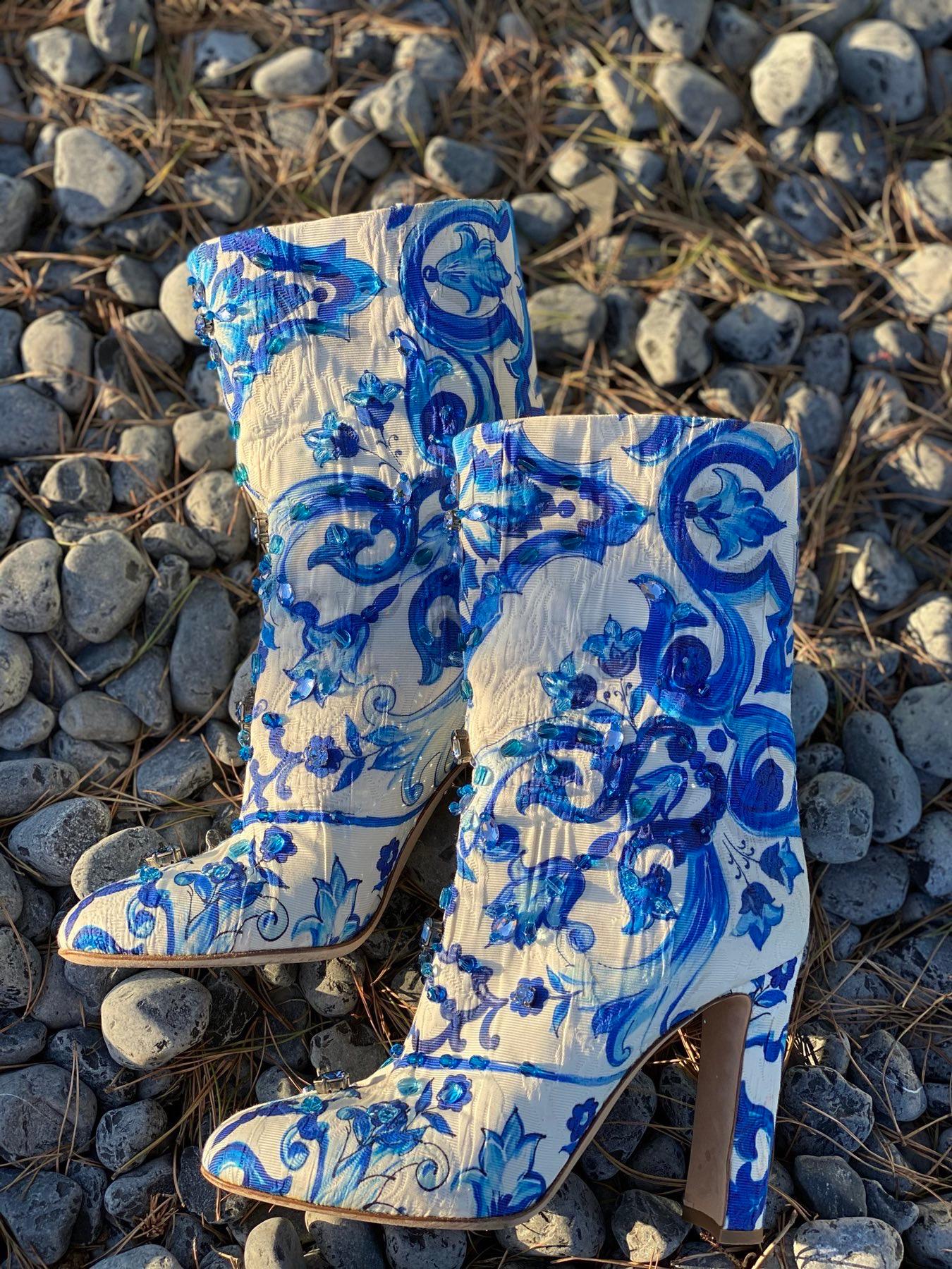 Dolce&Gabbana Blue Majolica Crystal boots booties  In Excellent Condition In Krakow, PL