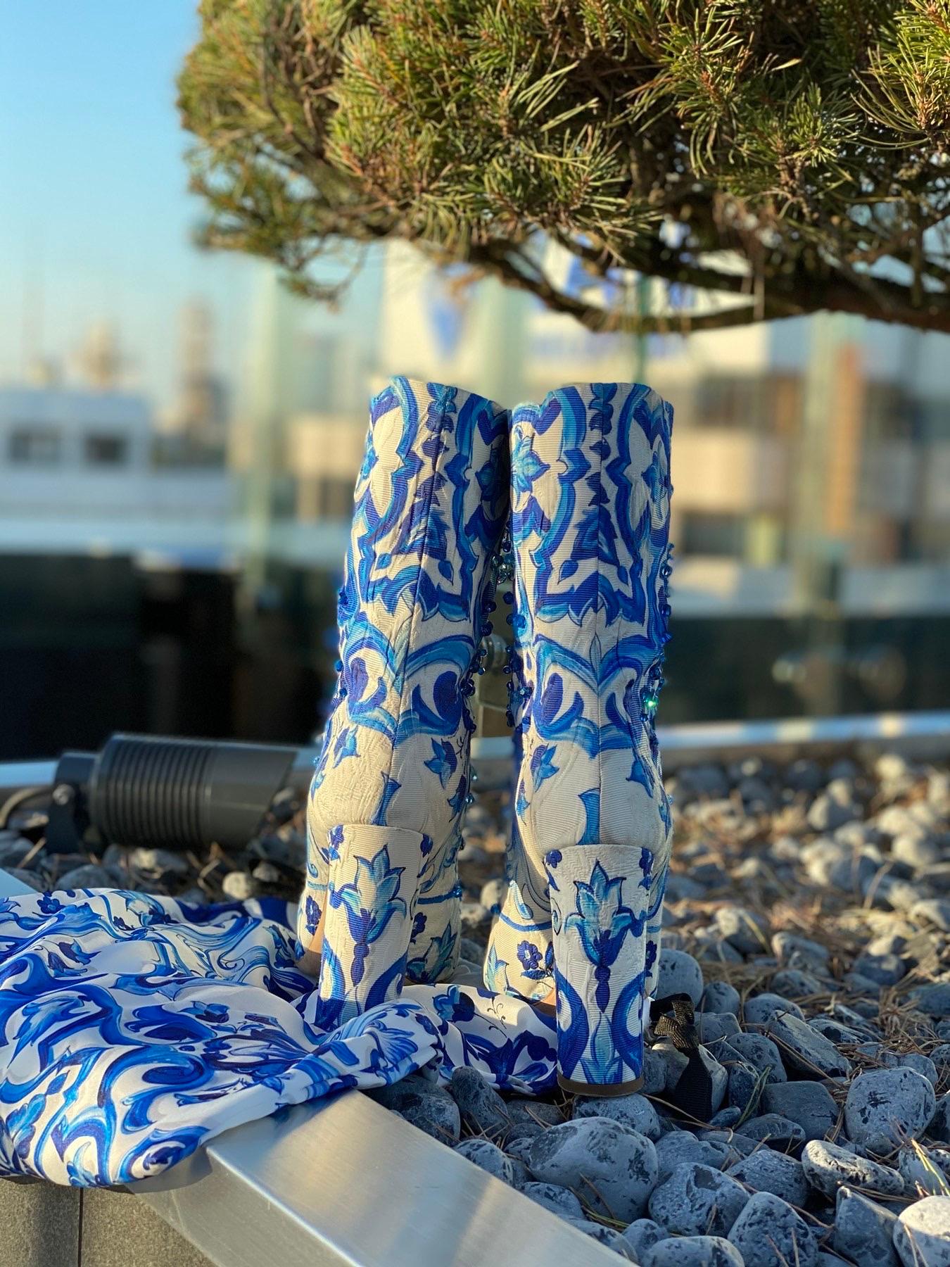 Women's Dolce&Gabbana Blue Majolica Crystal boots booties 