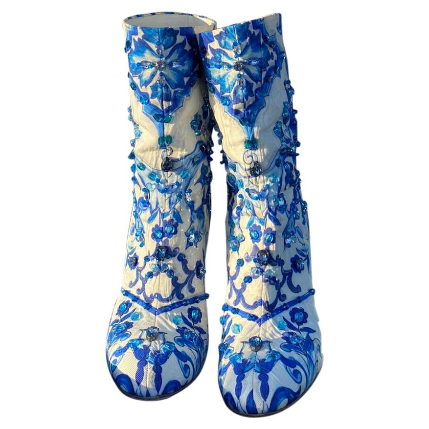 Dolce&Gabbana Blue Majolica Crystal boots booties 